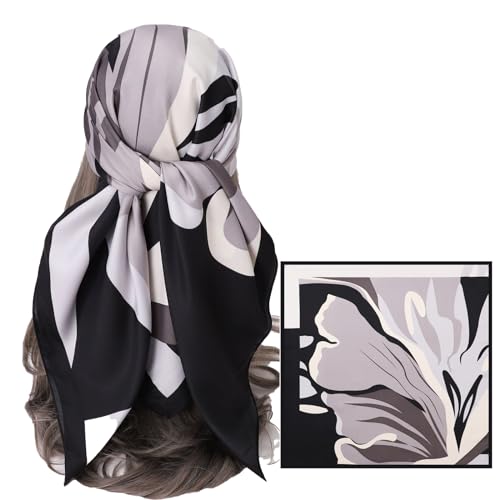 CODCOS Womens Square Silk Like Head Scarf Large 35 inch Silk Feeling Hair Wrapping Satin Scarves for Sleeping Bandanas Black Gray
