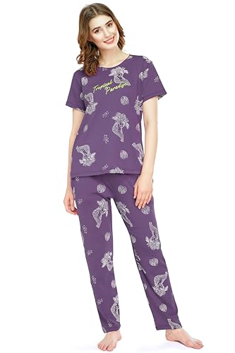Image of ZEYO Night Suit for Women's Floral & Cheetah Printed Cotton Night Dress of Top and Pajama Set 5779