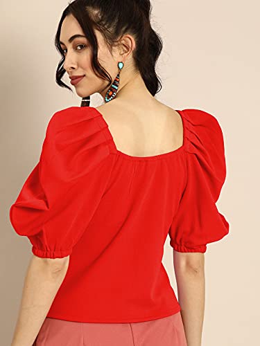Image of Lymio Women's Crop Red Color V Neck Half Sleeve Polyester Solid Top