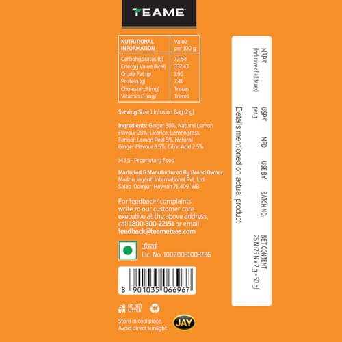 Image of TE-A-ME Lemon Ginger Herbal Infusion Tea | 25 Tea Bags