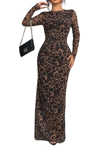 Image of Womens Long Sleeve Maxi Dress Mesh Bodycon Spring Fall Formal Wedding Guest | Tie Dye Ruched Night Out Cocktail Party Long Dresses