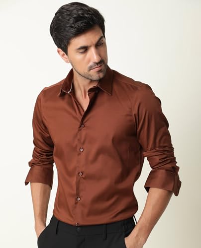 Image of Rare Rabbit Men Regular Fit Solid Beige Satin Long Sleeve Button Shirt