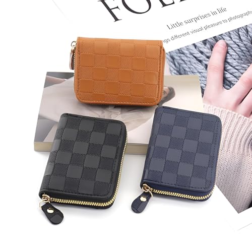 Checkered Credit Card Holder Wallet Zipper PU Leather Case Purse Small Card Case for Women or Men Small Compact Accordion Wallet with Zipper One-Piece (IVORY BLACK)4