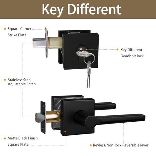 Image of NEWBANG Keyed Deadbolt Lock with Passage Lever Handle for Exterior Entrance in Matte Black, Heavy Duty and Reversible, HD1601-DB-DT-PS-SET-8P