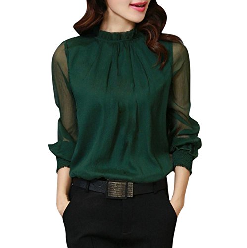 Toamen Mujeres Chiffon Elegante Suelta Volantes Manga Larga Blusa Camiseta Casual Tops (L, Verde)
