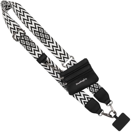 Image of Save the Girls Original Clip and Go Phone Strap Pattern (Chevron - Black /White - Black Pouch) - Crossbody Phone Strap Chain with Zipper Wallet Pouch - Phone Lanyard Zippered