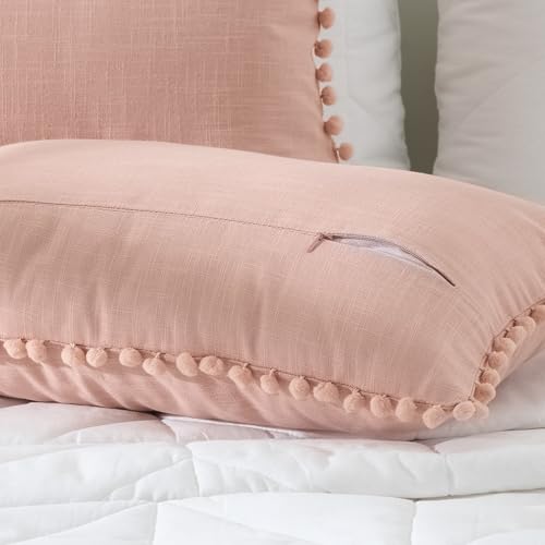Image of 100% Cotton Pom Pom Cushion Without Filler, Elegant & Modern Cushion Cover for Living Room, Rectangle, 12 inchx20 inch, uni slub, Set of 3 - Cloud Rose