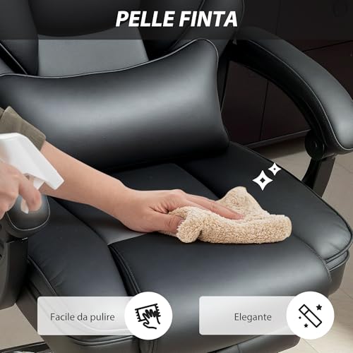 Sedia da Ufficio Ergonomica con Poggiapiedi e Supporto Lombare, in Pelle PU, Poltrona Direzionale Reclinabile 135° con Schienale Alto, Altezza e Poggiatesta Regolabile, Rotelle Girevole, Nero - Sedia gaming - Immagine 8