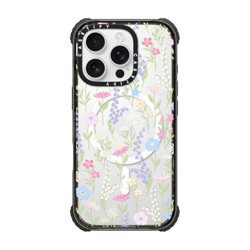 Coque iPhone 16 Pro antichoc MagSafe fine rigide fleur rose noir transparent