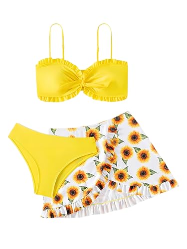 Image of Girl's 3 Piece Set Sunflower Print Bikini Sets Bathing Suit with Mesh Cover Up Skirts Yellow 150