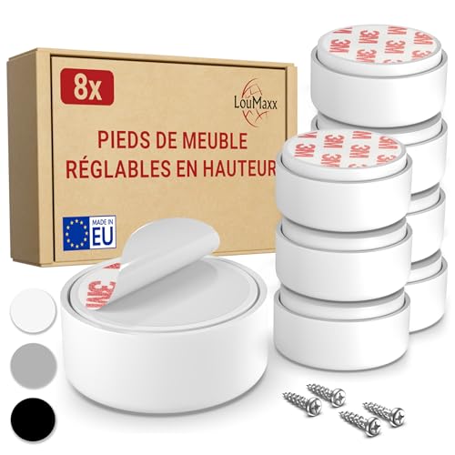 LouMaxx Pied de Meuble Réglable Blanc – Lot de 8 Pieds pour Meuble Ø 55,5 mm – Rehausseur de Meuble Plastique à Coller ou Visser – Pieds Réglables...