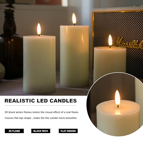 Image of Flickering Flameless Candles, Real Wax Battery Operated Candles with Remote, Flat Top Led Flameless Pillar Candles for Home, Wedding, Party Decor, Set of 3, Φ 3 inch H 4 inch 5 inch 6 inch, Ivory