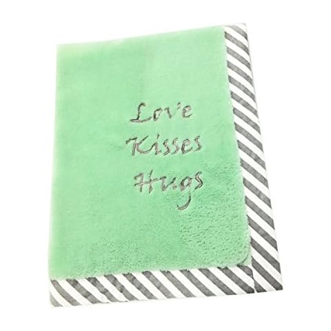 Bacati Love Unisex Kisses and Hugs Embroidered Plush Blanket, Mint/Grey Cover