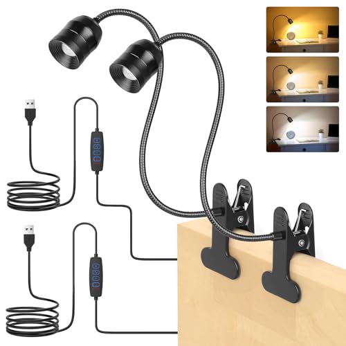 iTayga Paquete de 2 luces de clip – Luz de lectura de libro para cama con 3 modos de color y 10 de brillo y ángulo de luz ajustable de 15° a 80°, cuello de cisne de 360° USB LED lámpara de escritorio