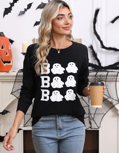 Image of Women's Lightweight Thin Knit Sweater Long Sleeve Crew Neck Ghost Pattern Halloween Pullover (Black 77,Large)