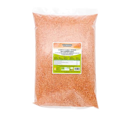 Oltresole, Bio-rote Linsen, gebrochen, 5 kg, geschälte und gebrochene Bio-Hülsenfrüchte, kein Einweichen erforderlich, Quelle für Proteine und Ballaststoffe, Sparpackung