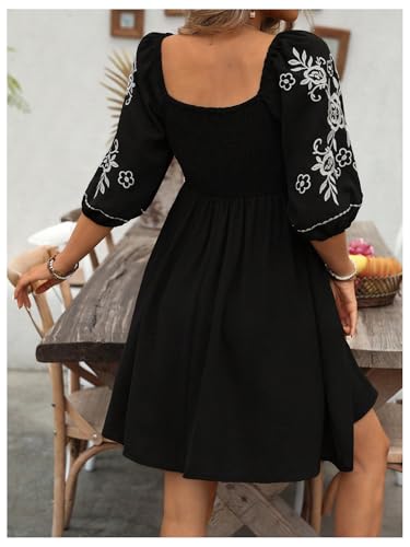 Floerns Women's Embroidery Floral Bishop Sleeve Sweetheart Neck Boho A Line Dress2