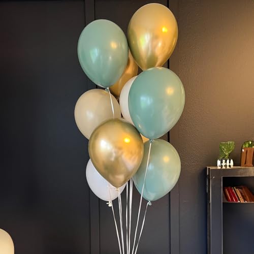Image of Balloons Green Gold, 60 Packs 12 Inch Retro Sage Green Gold Metallic Balloon, Olive Green White Latex Balloons for Wedding, Birthday, Baby Shower, Safari Jungle Party, Anniversary Decorations