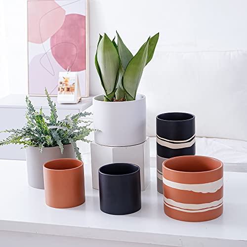 Nihow Modern Ceramic Plant Pot - 5 + 7 Inch Flower Pot For All Indoor Plants - Sturdy Planter Pots With Drainage Hole & Rubber Plugs - Semi-Matte Black & Nature - Plants Not Included #TOP6