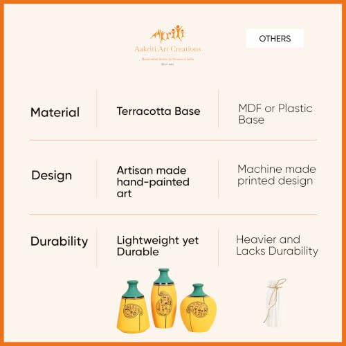 Image of Aakriti Art Creations Terracotta Vases Set of 3 | Handmade Yellow Warli Art Flower Vases Matte Finish Decorative Vases for Artificial Plants Home Decor & Gifting