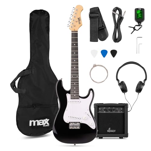 Max GigKit Junior Electric Guitar Starter Pack 3/4 Size Black Complete Beginner Kit for Kids 8-13 20W Amp Headphones Case Digital Tuner Strap Picks Spare Strings