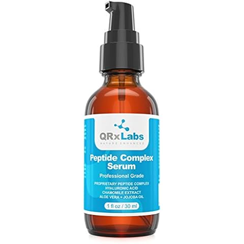 QRxLabs Peptide Complex Serum/Collagen Booster for the Face w/Hyaluronic Acid & Chamomile Extract - Peptide Serum, Reduces Wrinkles, Heals & Repairs Skin - Tightening Effect - Peptides Serum for Face Cover
