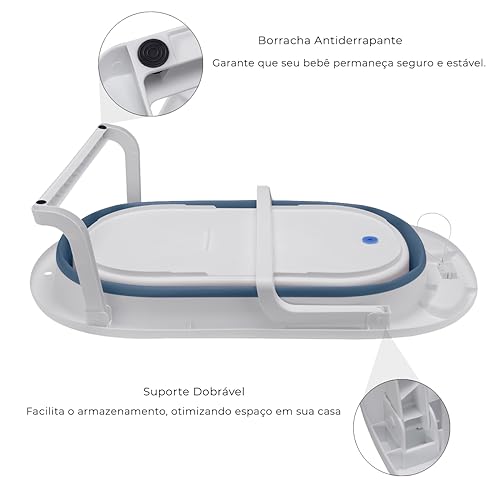 Banheira Retratil Portátil Dobrável Infantil com Termometro Digital Banho Bebê Azul Awiki