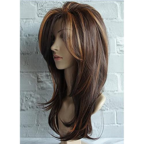 Image of Women's Full Head Wig - Shoulder Length Camel Highlight Brown Layered Synthetic Hair Extension for Women and Girls