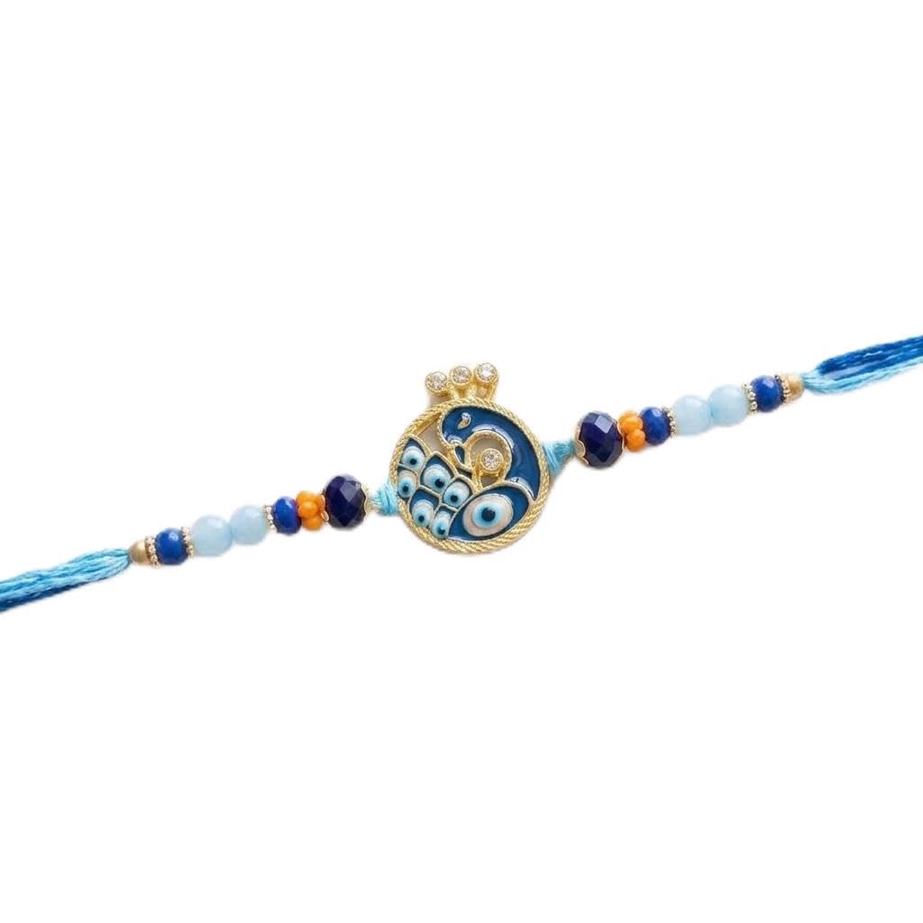 Blue Enamel Peacock Evil Eye Rakhi for Brother – Includes Personalised Greeting Card, Sandalwood Tilak, Roli & Chawal Packets in Eco-Friendly Gift Box-image-7
