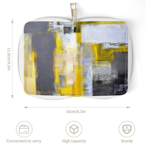 Women Leather Coin wallet, Key Change Organizer Zipper Card Holder Purse Clutch Pouch Pocket 4.5x3.15 in Print Grey Yellow White Dark Abstract Art Painting3