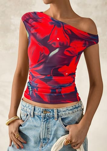 PRETTYGARDEN Women's Off Shoulder Tops 2025 Summer Floral Mesh Going Out Crop Tank Tops Asymmetrical Tight Y2K Shirts Clothes