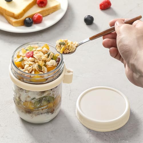 Image of LANDNEOO 4 Pack Overnight Oats Containers with Lids and Spoons, 16 oz Glass Mason Jars with Airtight Lids, Overnight Oats Jars for Milk, Cereal, Fruit-Beige