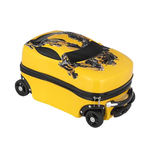 Image of Kids Ride On Trolley Bag for Boys & Girls | Hard Shell Cabin Luggage with 4 Wheels & Telescopic Handle | Lightweight Travel Suitcase for School Trips, Vacations & Holidays | Cartoon Design (Yellow)