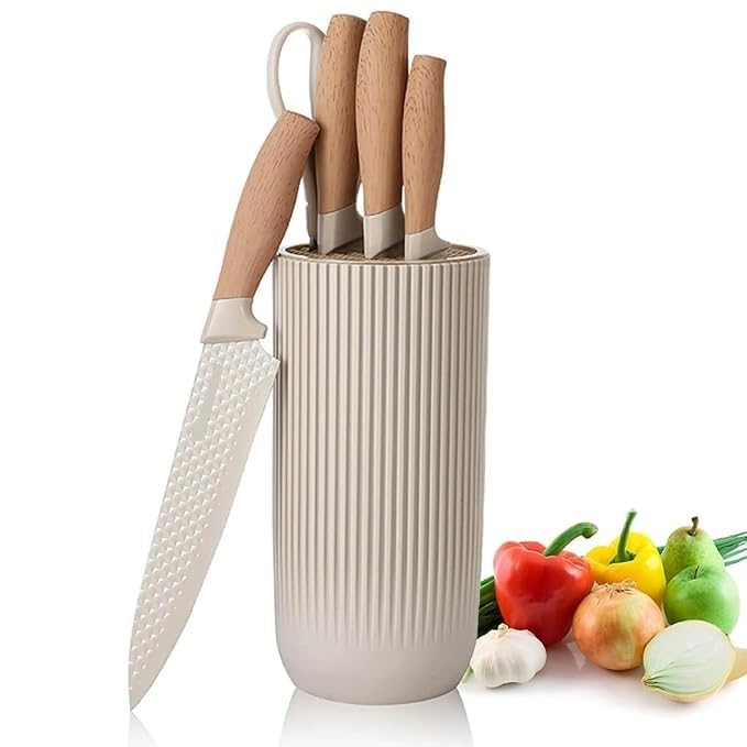 Image of Luxury 6 in 1 Wooden Coating Knife Set Light Wood Grain Handle Anti-Rust Non-Stick Stainless Steel Sharp Edge with 4 Knifes, 1 Stand, 1 Scissor for Hotel, Travel, Meat, Fruits (Khaki)