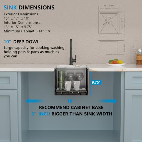 Image of 15 inchx17 inch Black Bar Prep Sink Undermount Workstation | Gunmetal Black NANO-PVD 16 Gauge T304 Stainless Steel Single Bowl Under Counter Basin for RV Kitchen Wet Bar Prep Station