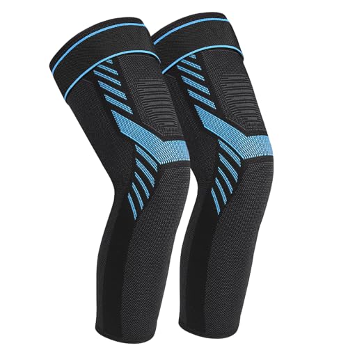 Yasdyri Full Leg Compression Sleeves Adjustable Long Knee Braces for Women and Men Long Knee Compression Sleeve for Arthritis, Tendinitis, ACL, Meniscus Tear, Sport, Basketball 2 Pack (Blue, L)