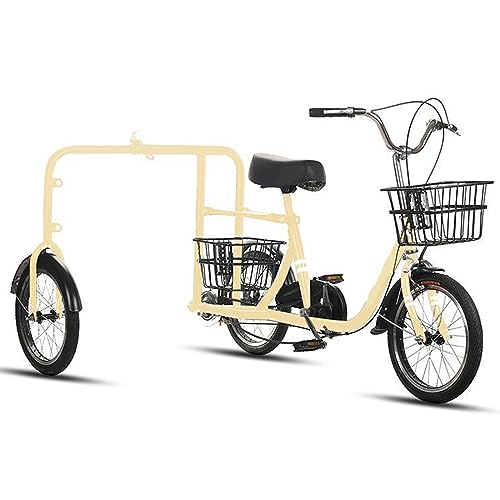 Triciclo para caminar para perros al aire libre para adultos, cinturón de almacenamiento plegable de gran capacidad, cestas delanteras y traseras, bicicleta multifuncional estable y duradera ( beige )