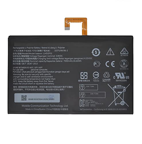 Batería de repuesto compatible para Lenovo L14D2P31 3.8V 26.6Wh Tab 2 A7600-F A10-70F Tab2 A10-30 A10-30L A10-30F A10-70 A10-70L A10-70LC 10 Plus TB2-5 TBTBTBTBTBTB2-X30F TB2-X30L TB2-X30M SB18C03763