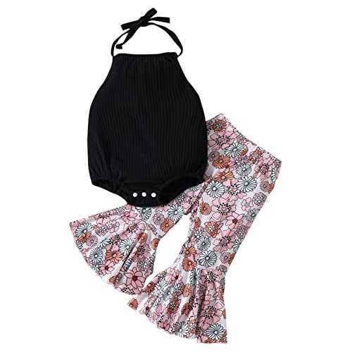 Image of Newborn Baby Girl Summer Clothes Knit Halter Romper Leopard/Sunflower Bell Bottoms Pant Summer Outfit