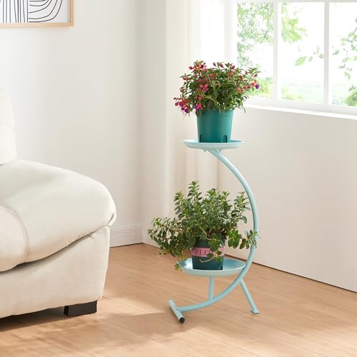 [en.casa] Stand Portapiante con 2 Piani Portavasi Supporto a Forma di C Portafiori in Metallo Espositore per Piante a 2 Livelli 61,5 x 30 x 25 cm Azzurro