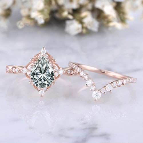 Gemstone Engagement Rings Set for Women Pear Cut Gemstone Bridal Sets Wedding Rings 10K 14K 18K White Yellow Rose Gold Gemstone Wedding Ring Sets Vintage Inspired V Shaped Wedding Band Promise Ring2
