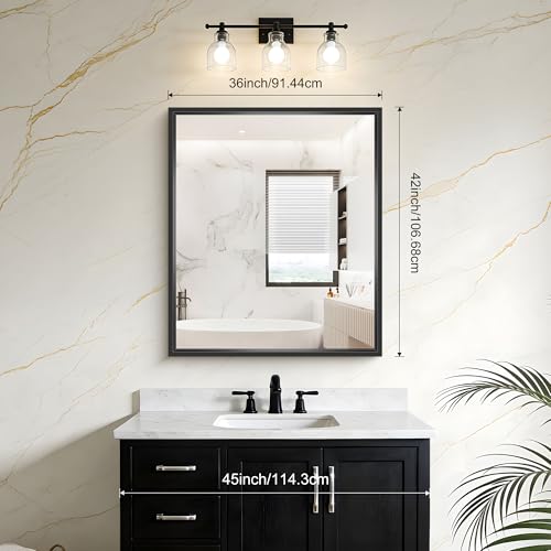 Image of Bathroom Mirror, 42 x 36 Inch Brushed Black Rectangle Mirror, 0.6 inch Thickened Deep Frame Mirrors for Wall Over Sink, Shatterproof Tempered Glass, Antirust, Horizontally or Vertically