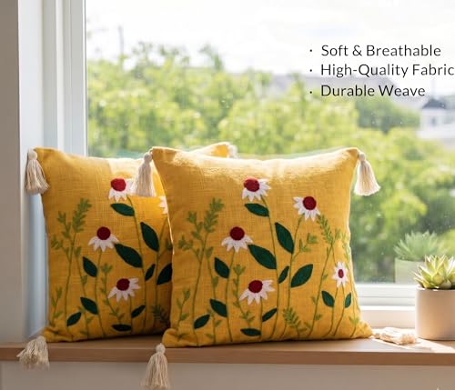 Image of Furnistitchs Handmade Cotton Bohemian Home Decor Cushion Cover 24x24 inches / 60x60 cms - Boho Chic Couch Sofa Throw Living Room Bedroom Cushions (2, Yellow Floral Cuts)