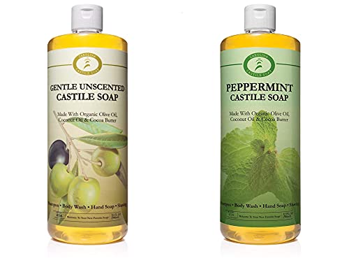 Unscented and Peppermint Castile Soap Liquid Bundle - 32 oz - Carolina Castile Soap - Vegan & Pure Organic Concentrated Non Drying All Natural Formula Body Wash & Shampoo