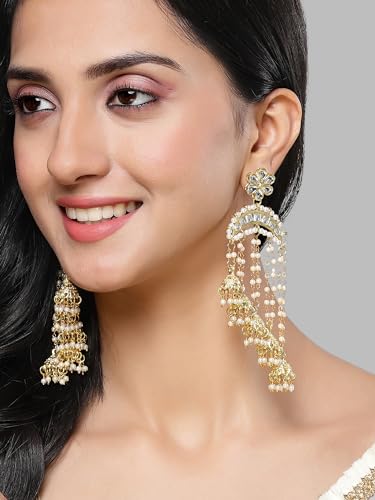 Image of Karatcart Gold Plated Pink Meena Lotus Design Kundan Dangler Earrings for Women (color may slightly vary due to photographic effect)