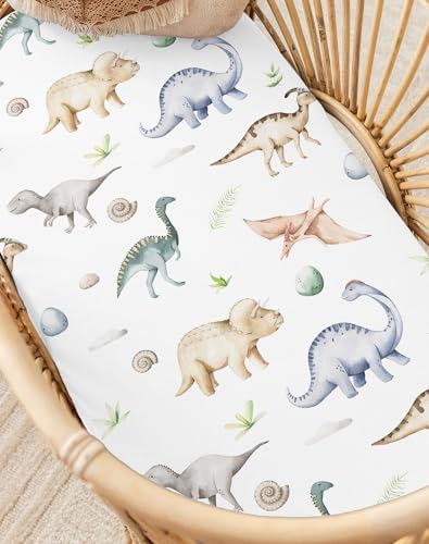 Image of Bassinet Sheets for Baby Girls Boys 2 Pack, Fitted Baby Mattress Sheet for Rectangle, Oval, Hourglass Bassinet Mattress, Breathable Cozy & Universal Fit (Dino Pals, Bassinet Sheet)
