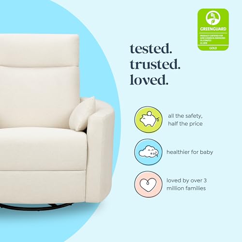 Image of Davinci Atlas Upholstered Recliner and Swivel Glider in Vanilla | Nursery Glider Chair with High Back, Padded Armrests, and Bolster Pillows | Smooth Recline for Nursing and Feeding