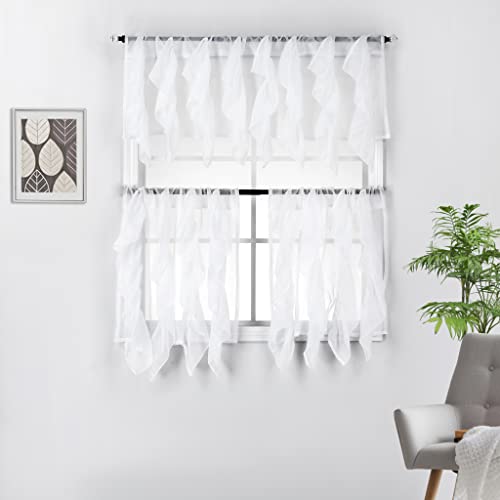 Diamond Home 3 Piece Cascade Sheer Vertical Ruffled Kitchen Window Curtain Tiers and Valance Set (36