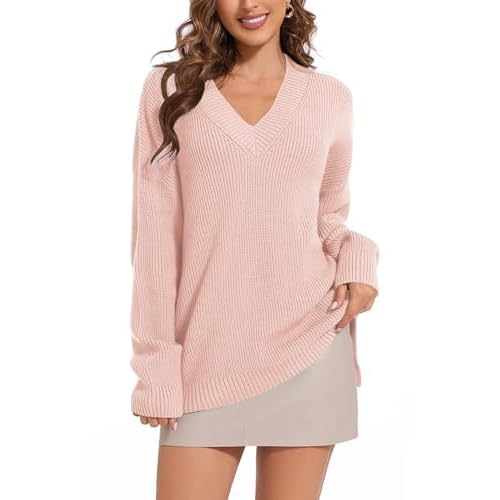 Women's V Neck Oversized Sweaters for Women Off Shoulder Loose Knit Jumper Pullover Tops Coral Pink XX-Large