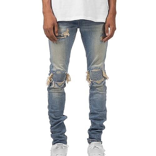 Men's Distressed Skinny Patches Jeans Slim Fit Knee Holes Denim Pants Streetwear Destroyed Jean Pants